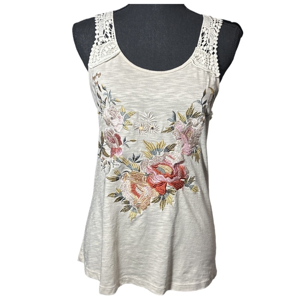Boho Floral Embroidered Lace Trim Tank Top Size Medium Cottagecore Summer